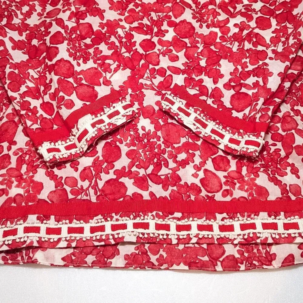 Tory Burch Red Floral Crochet Ribbon Details Blouse